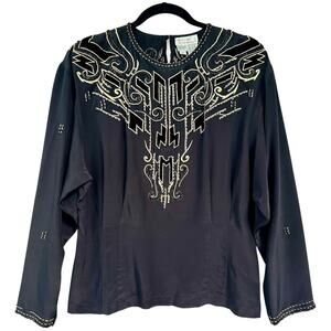 Vintage Black Silk Beaded velvet Blouse Top Art Deco witchy gothic evening L 12